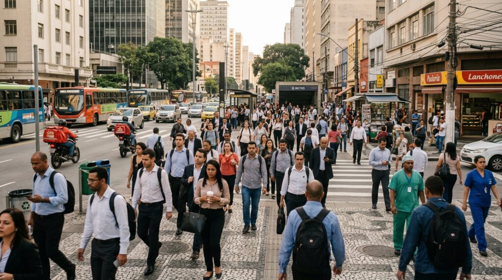 Trabalhadores brasileiros caminhando em uma rua movimentada no centro urbano durante a manhã.