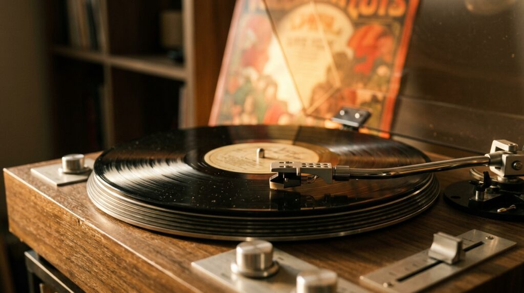 Toca-discos executando vinyl da trilha sonora do filme Jogos Vorazes.