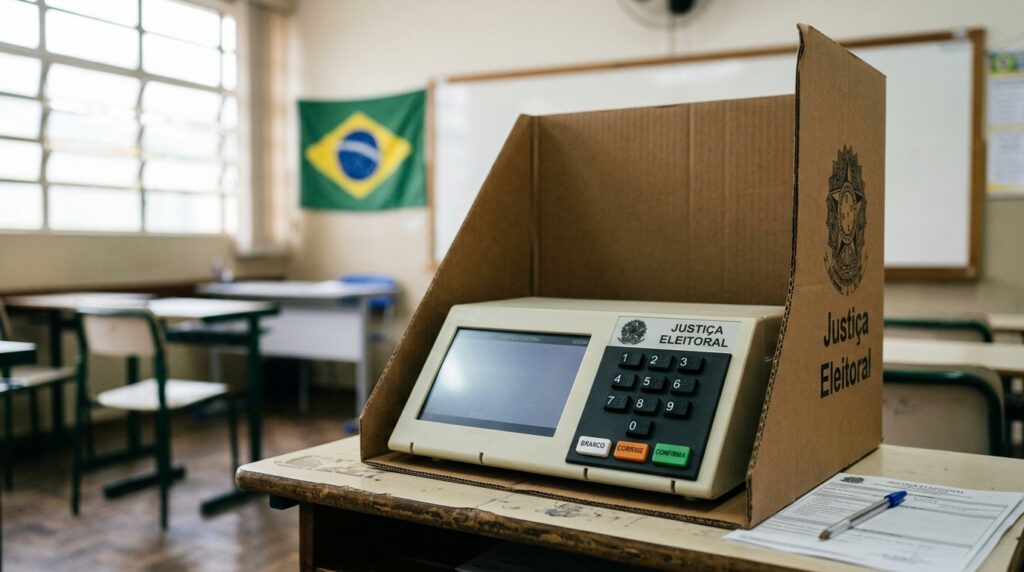 Detalhe da urna eletrônica brasileira preparada para votação em ambiente eleitoral oficial.