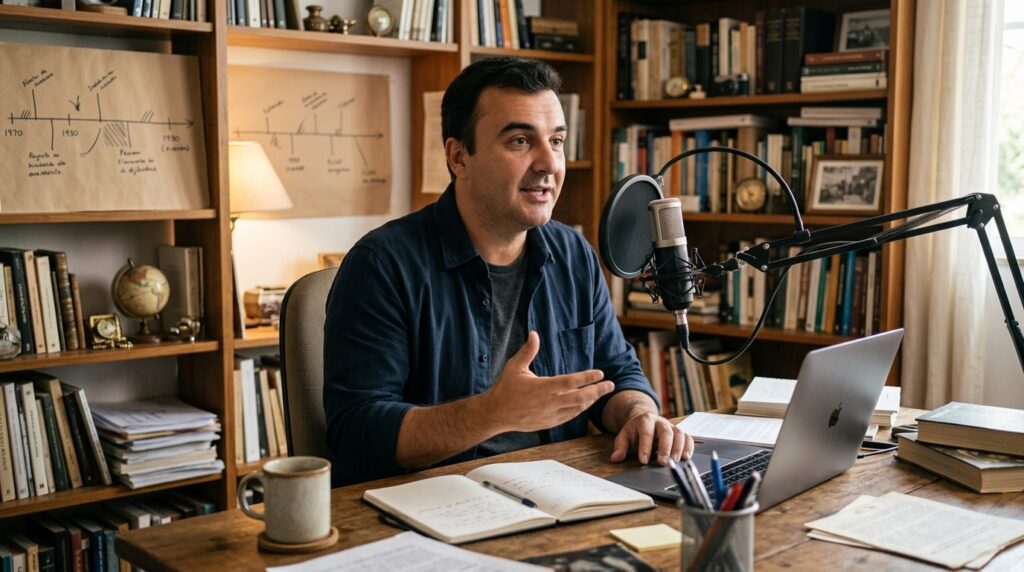 Professor de História gravando videoaula sobre a redemocratização do Brasil em estúdio caseiro com livros e linha do tempo ao fundo