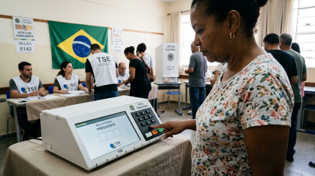 Eleitor em momento de reflexão diante da urna eletrônica exercendo seu voto secreto